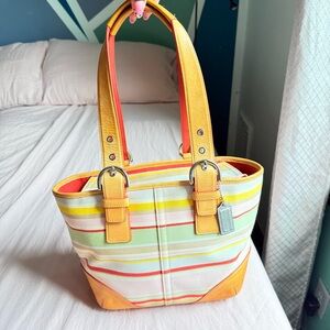 Coach Stripe Canvas & Leather Tote Bag – Yellow Orange Rainbow #4435